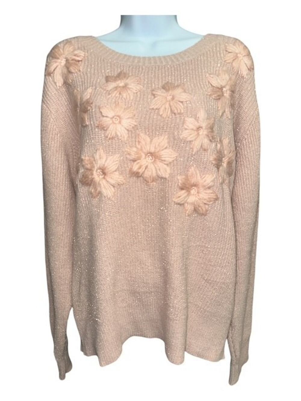 Liz Claiborne XXL Sweater Pink Rose Quartz Floral Shiny Threads Crew Neck Women